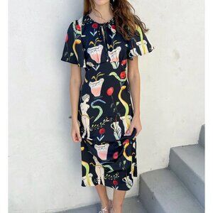 NWT Lisa Says Gah Penelope Museo Nero Print Midi Dress Black Statue Vase S